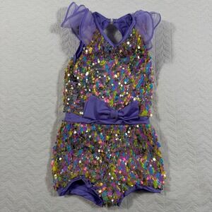 Weisman Child Costume Dance Outfit Sequin Romper Purple Bow Ruffle Sz SC 4T